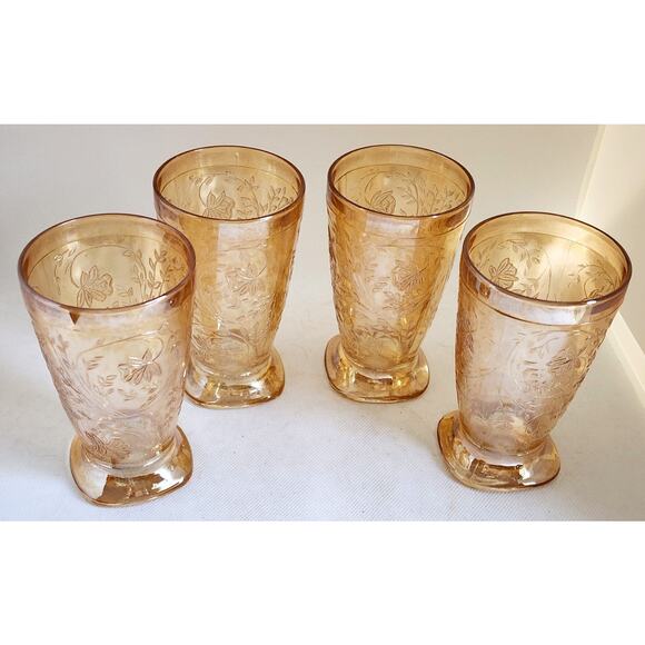 GLASSES-JEANNETTE GLASS FLORAGOLD-LOUISA-Tumblers-Amber-Iridescent-Set 4 - Picture 4 of 8